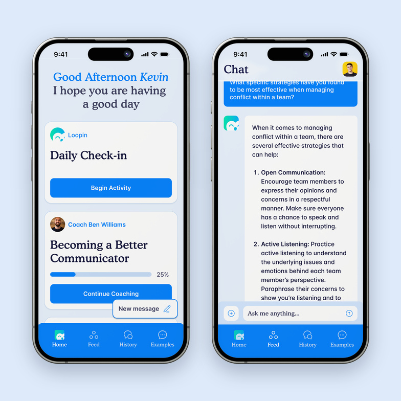 Loopin mobile app: home, chat and feed