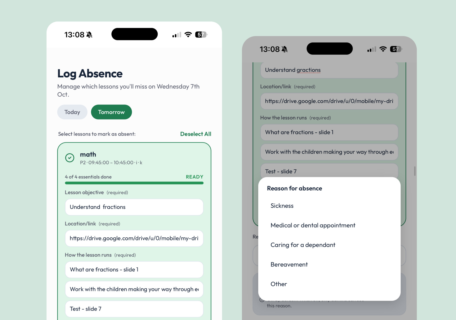 Logging an absence and choosing a reason on mobile