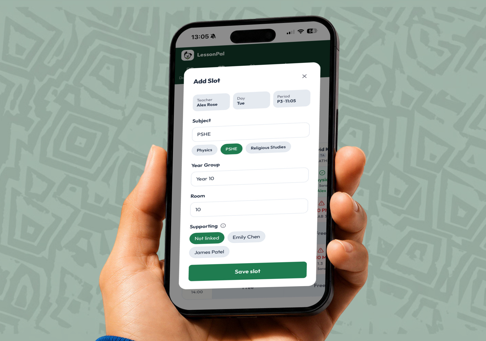 Adding a timetable slot on a phone