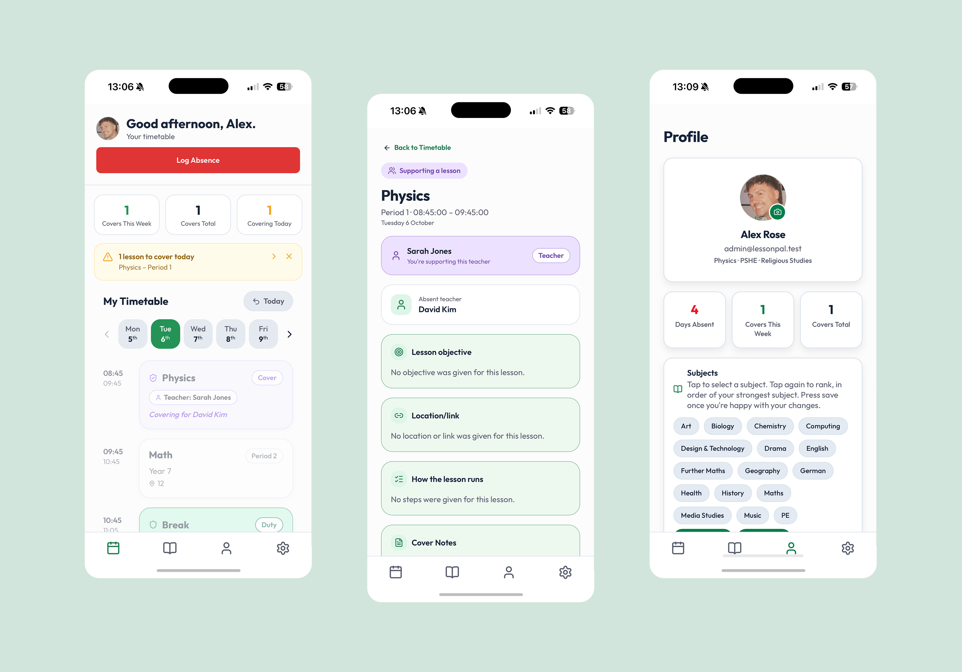 LessonPal on mobile: teacher timetable, a lesson that needs cover, and profile