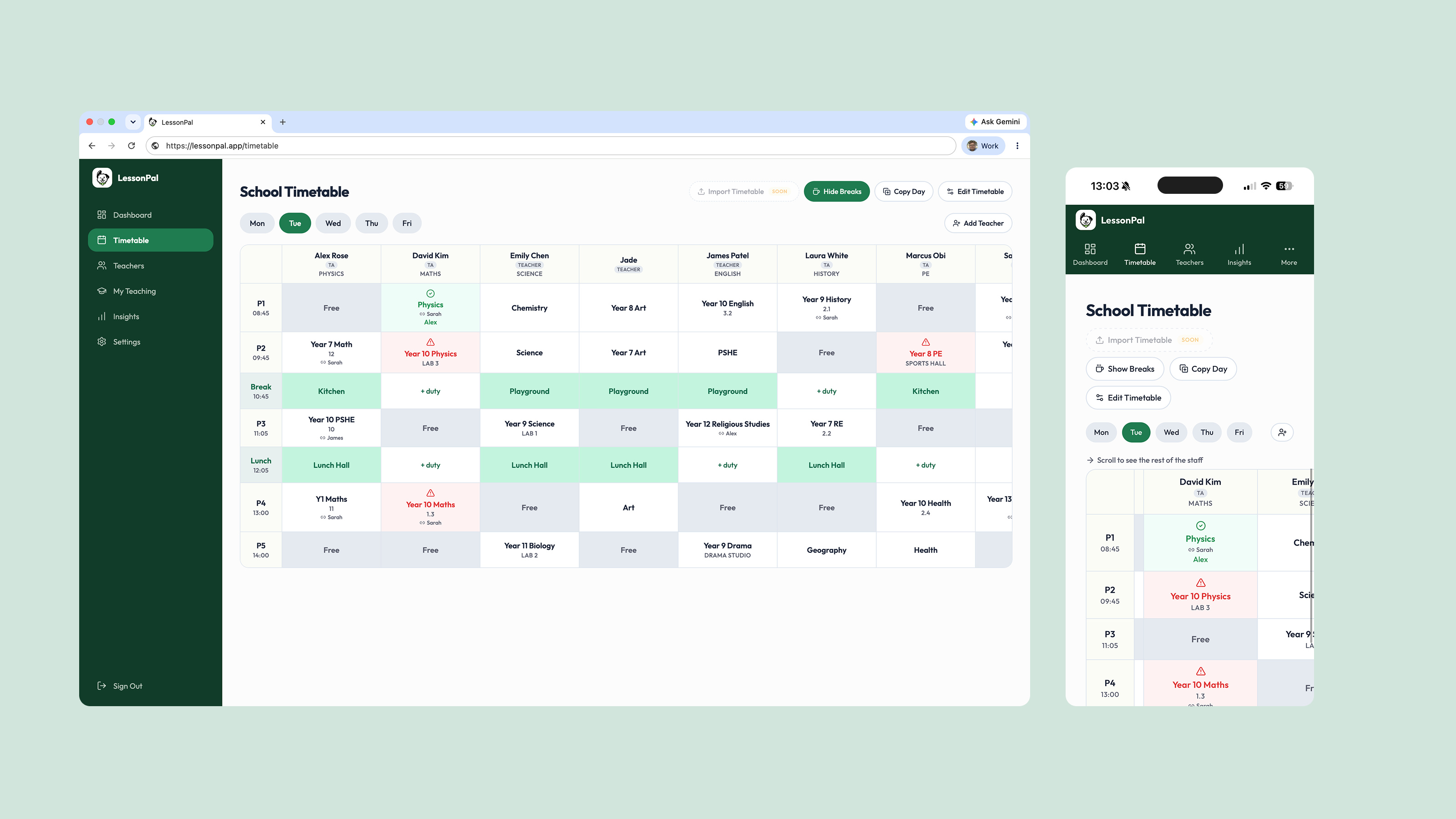 LessonPal school timetable on desktop and mobile